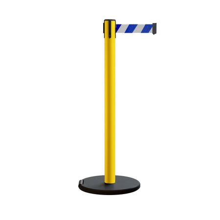 Retractable Belt Barrier Stanchion, Rolling Base, Yellow Steel Post, 13 ft Belt - Montour Line MSE630 - Crowd Control Warehouse