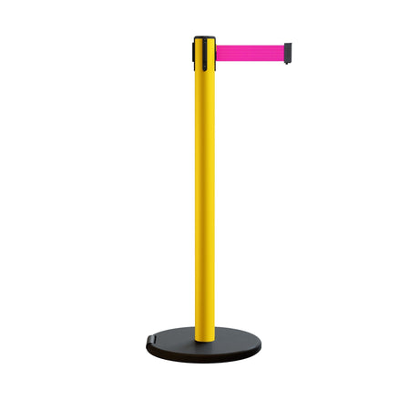 Retractable Belt Barrier Stanchion, Rolling Base, Yellow Steel Post, 7.5 ft Belt - Montour Line MSE630 - Crowd Control Warehouse