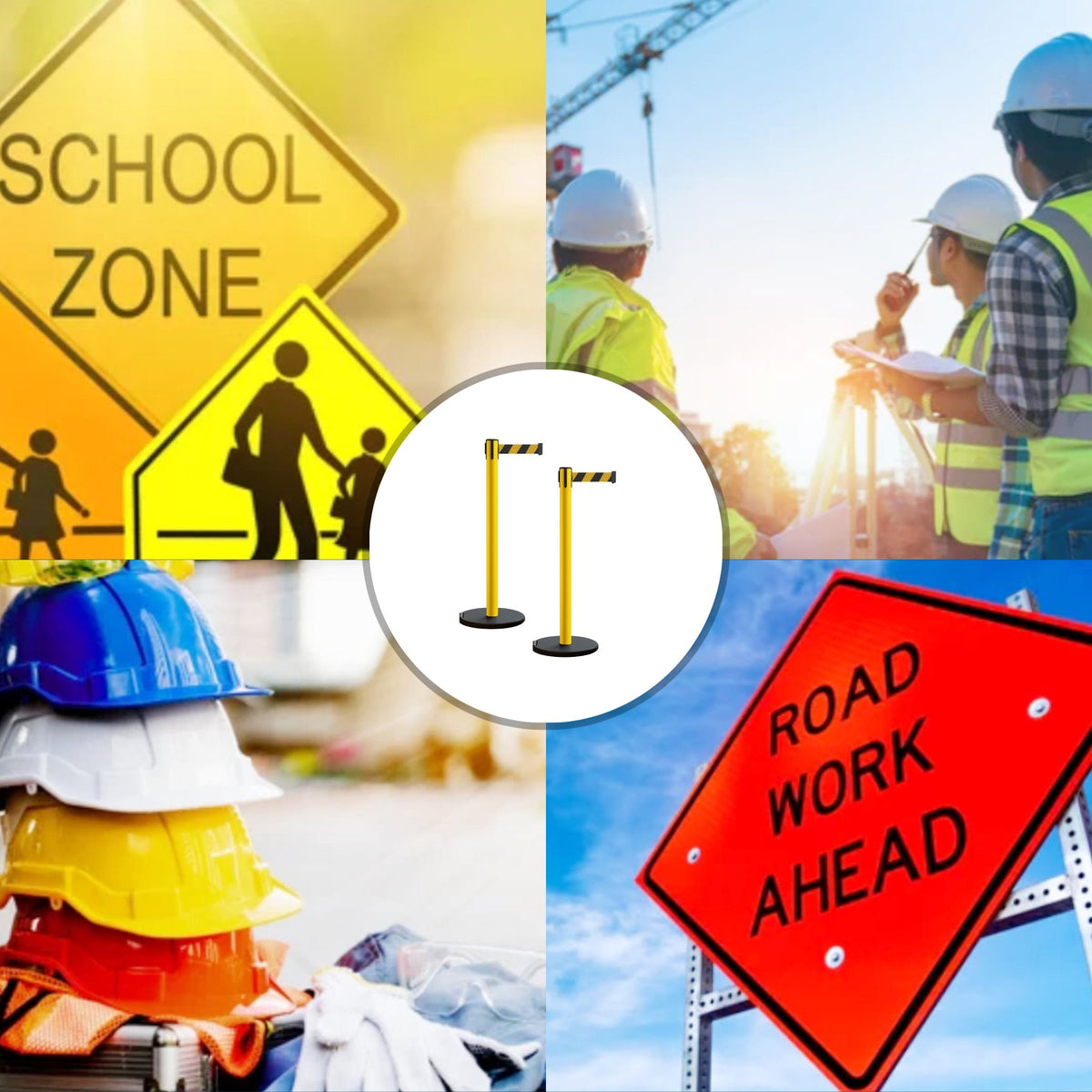 Retractable Belt Barrier Stanchion, Rolling Base, Yellow Steel Post, 7.5 ft Belt - Montour Line MSE630 - Crowd Control Warehouse