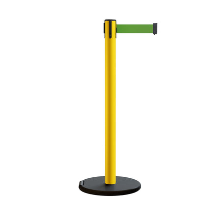 Retractable Belt Barrier Stanchion, Rolling Base, Yellow Steel Post, 7.5 ft Belt - Montour Line MSE630 - Crowd Control Warehouse