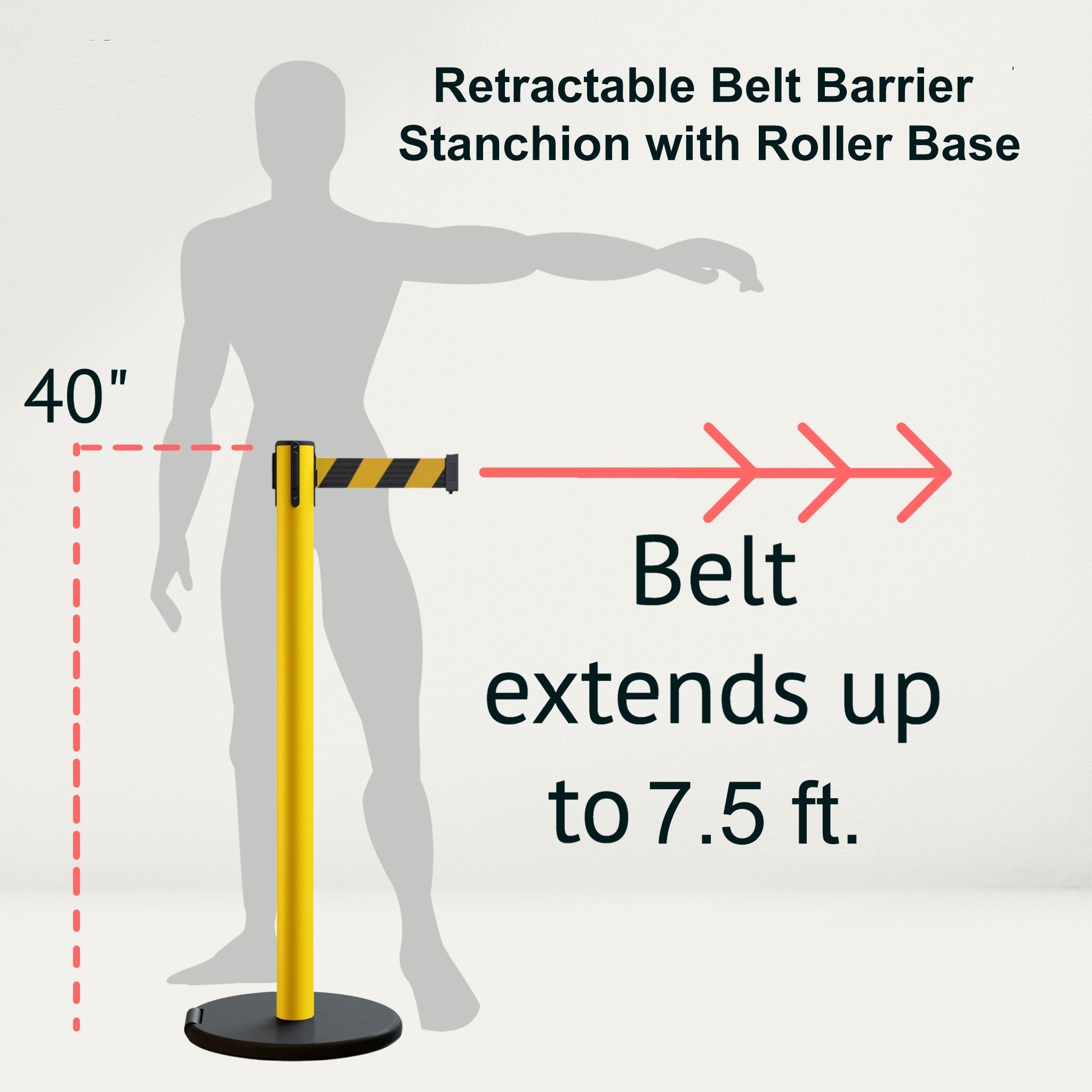 Retractable Belt Barrier Stanchion, Rolling Base, Yellow Steel Post, 7.5 ft Belt - Montour Line MSE630 - Crowd Control Warehouse