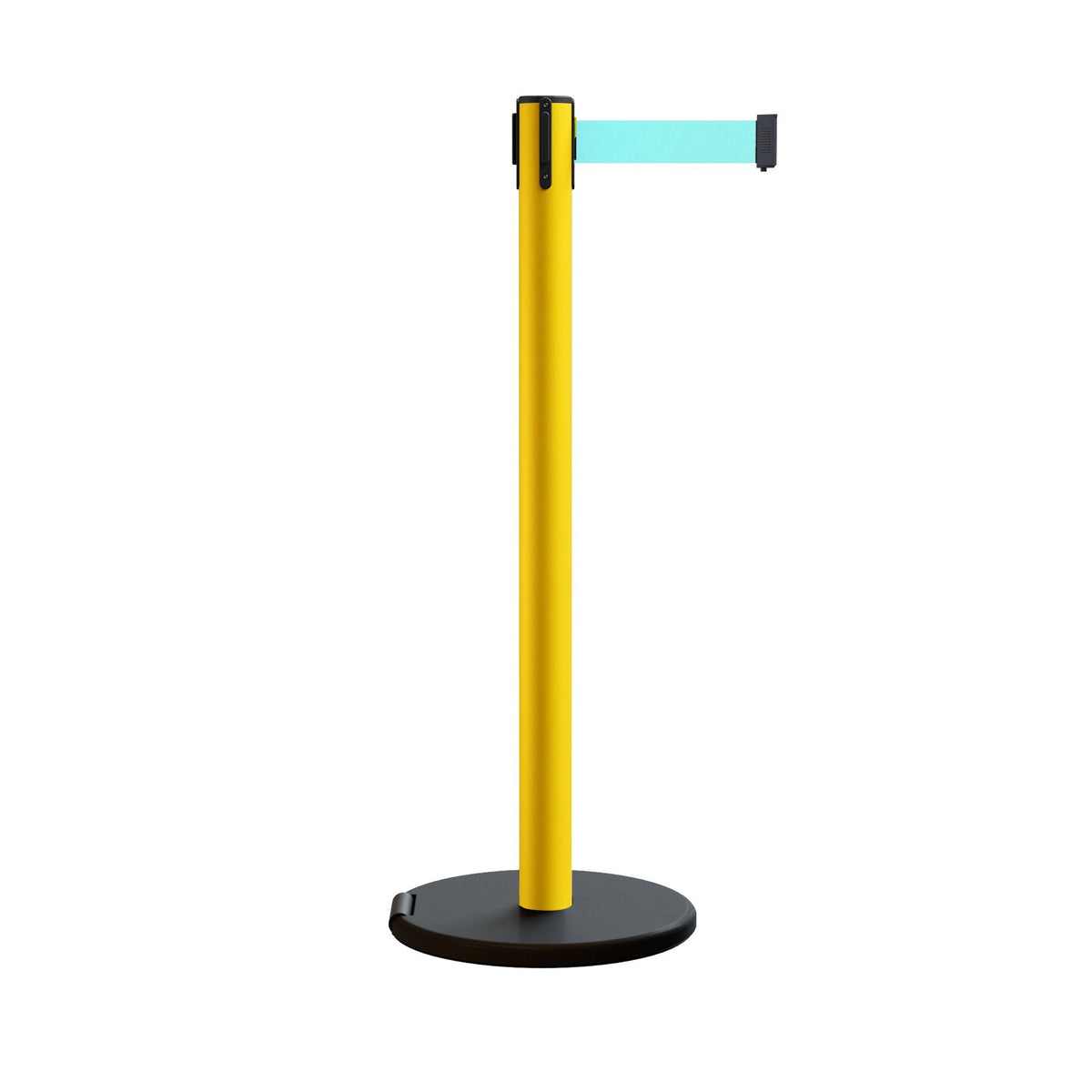Retractable Belt Barrier Stanchion, Rolling Base, Yellow Steel Post, 7.5 ft Belt - Montour Line MSE630 - Crowd Control Warehouse