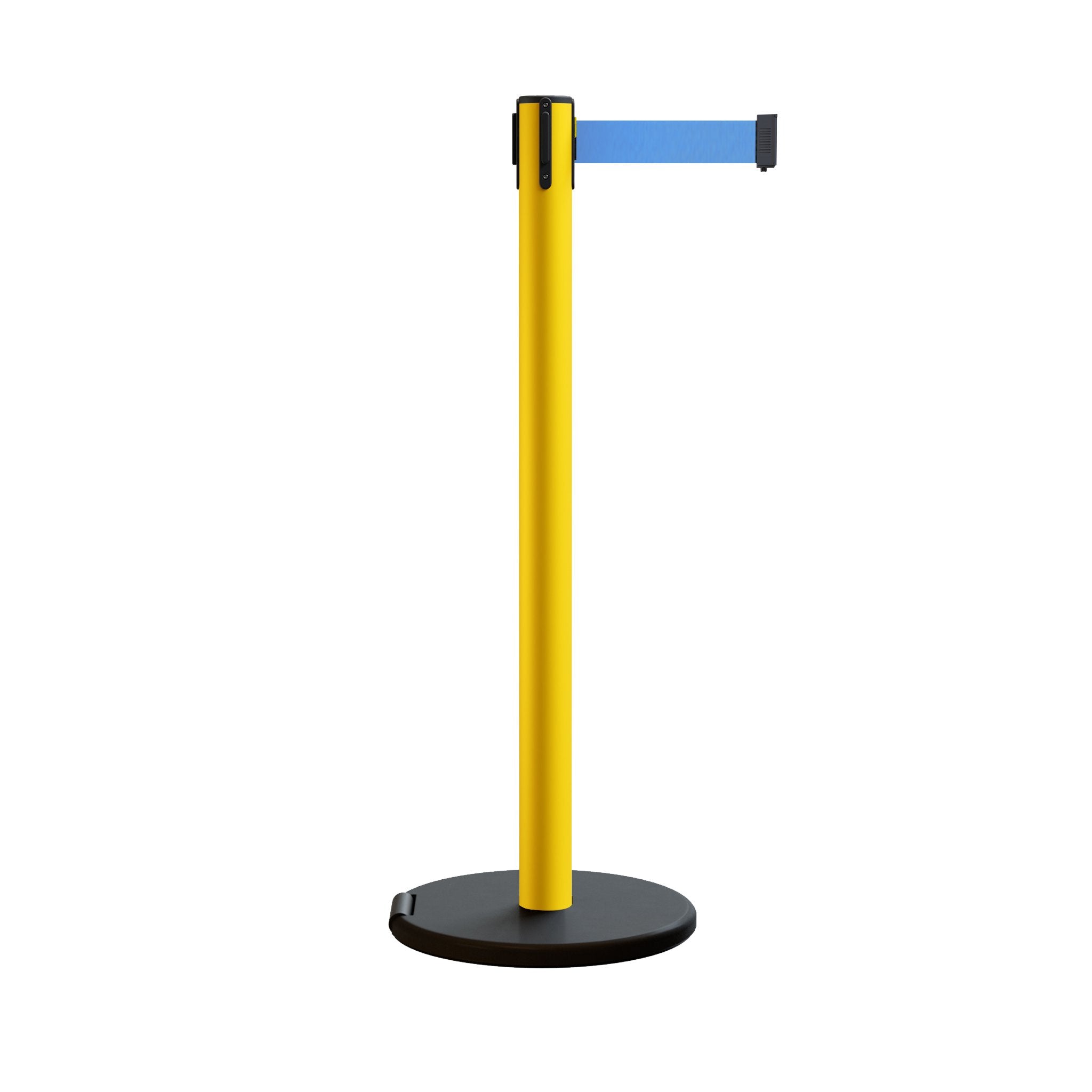 Retractable Belt Barrier Stanchion, Rolling Base, Yellow Steel Post, 7.5 ft Belt - Montour Line MSE630 - Crowd Control Warehouse