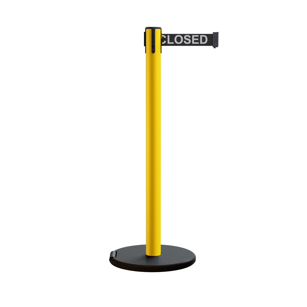 Retractable Belt Barrier Stanchion, Rolling Base, Yellow Steel Post, 9 ft Belt - Montour Line MSE630 - Crowd Control Warehouse