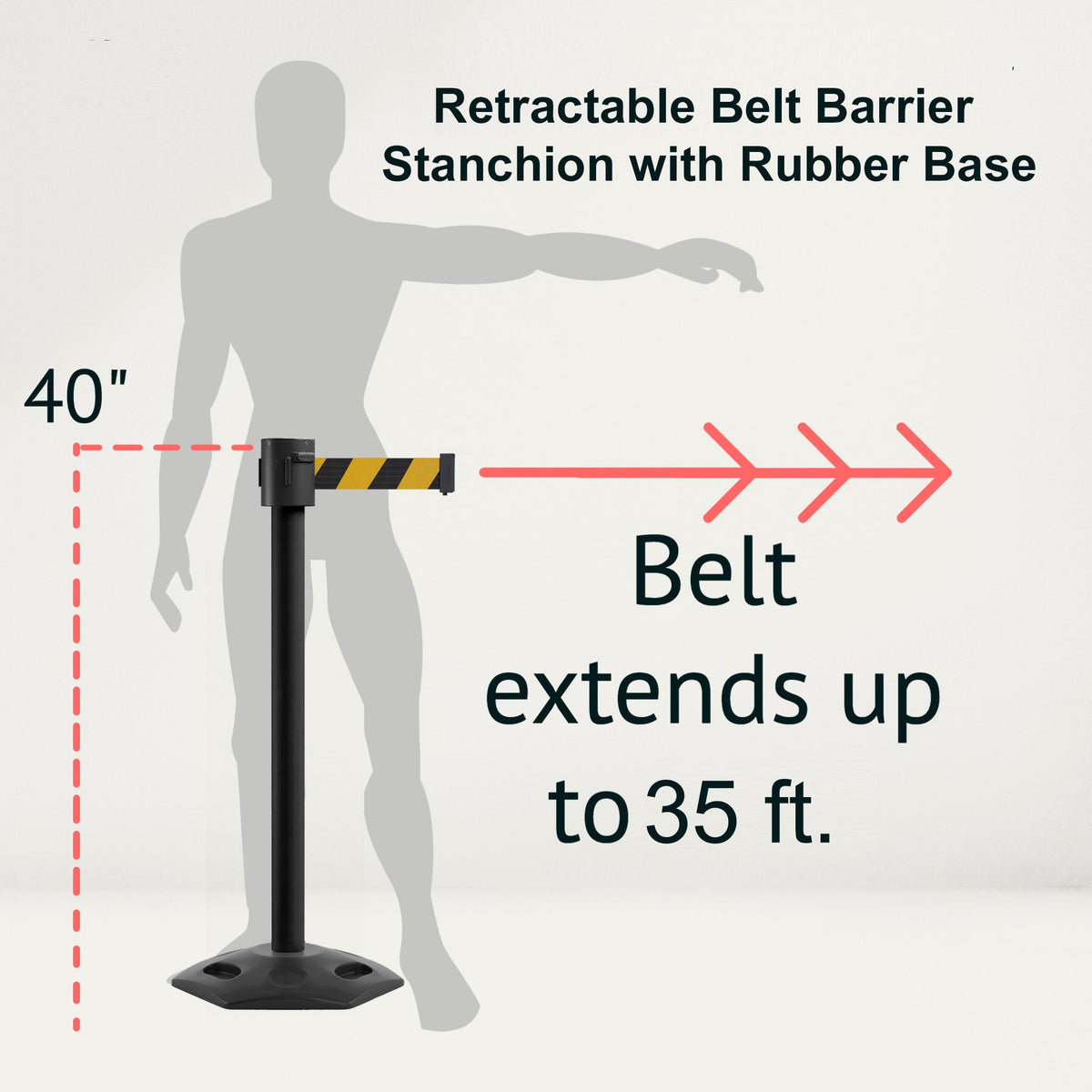 Retractable Belt Barrier Stanchion, Rubber Base, Black Powder Coated Post, 35 ft Belt - Montour Line MSR760 - Crowd Control Warehouse