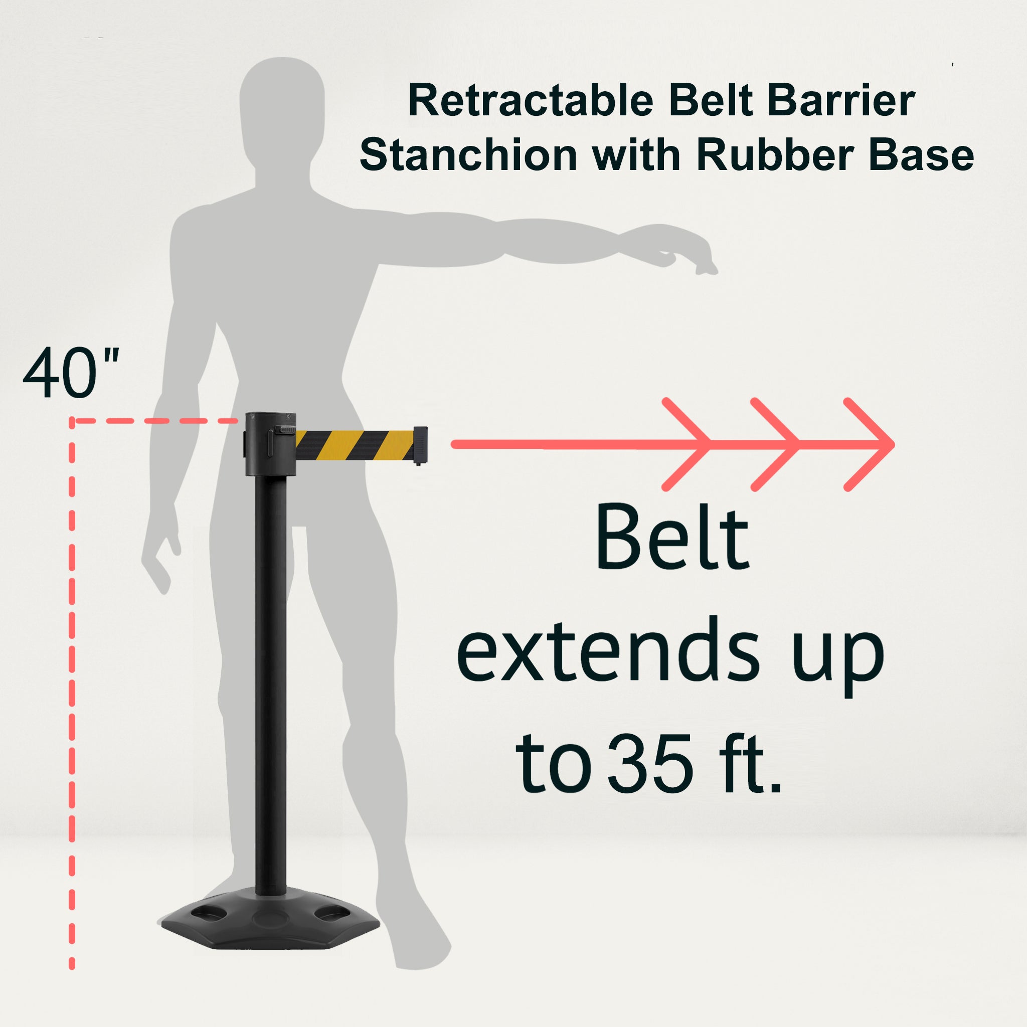 Retractable Belt Barrier Stanchion, Rubber Base, Black Powder Coated Post, 35 ft Belt - Montour Line MSR760 - Crowd Control Warehouse