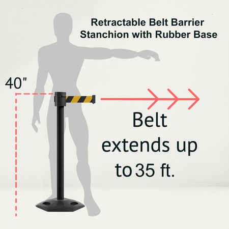 Retractable Belt Barrier Stanchion, Rubber Base, Black Powder Coated Post, 35 ft Belt - Montour Line MSR760 - Crowd Control Warehouse
