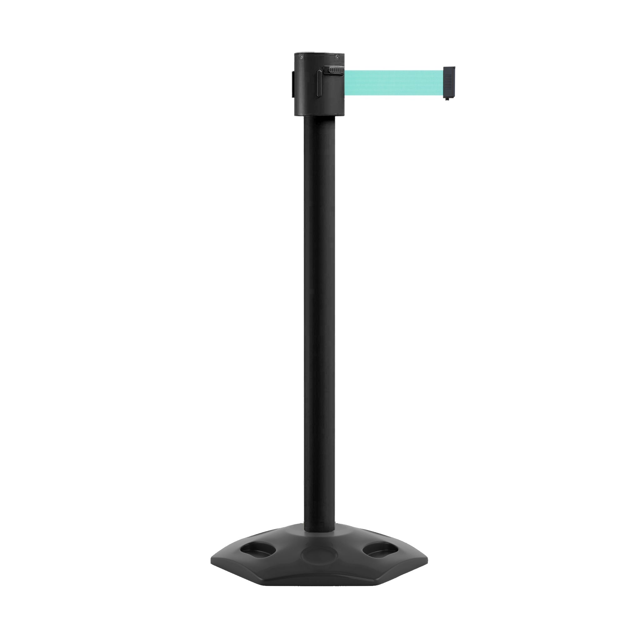 Retractable Belt Barrier Stanchion, Rubber Base, Black Powder Coated Post, 35 ft Belt - Montour Line MSR760 - Crowd Control Warehouse