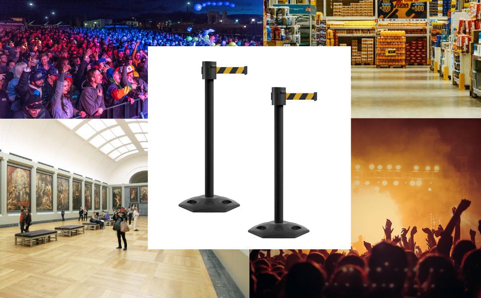 Retractable Belt Barrier Stanchion, Rubber Base, Black Powder Coated Post, 35 ft Belt - Montour Line MSR760 - Crowd Control Warehouse