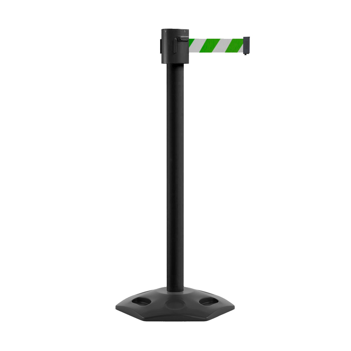 Retractable Belt Barrier Stanchion, Rubber Base, Black Powder Coated Post, 35 ft Belt - Montour Line MSR760 - Crowd Control Warehouse