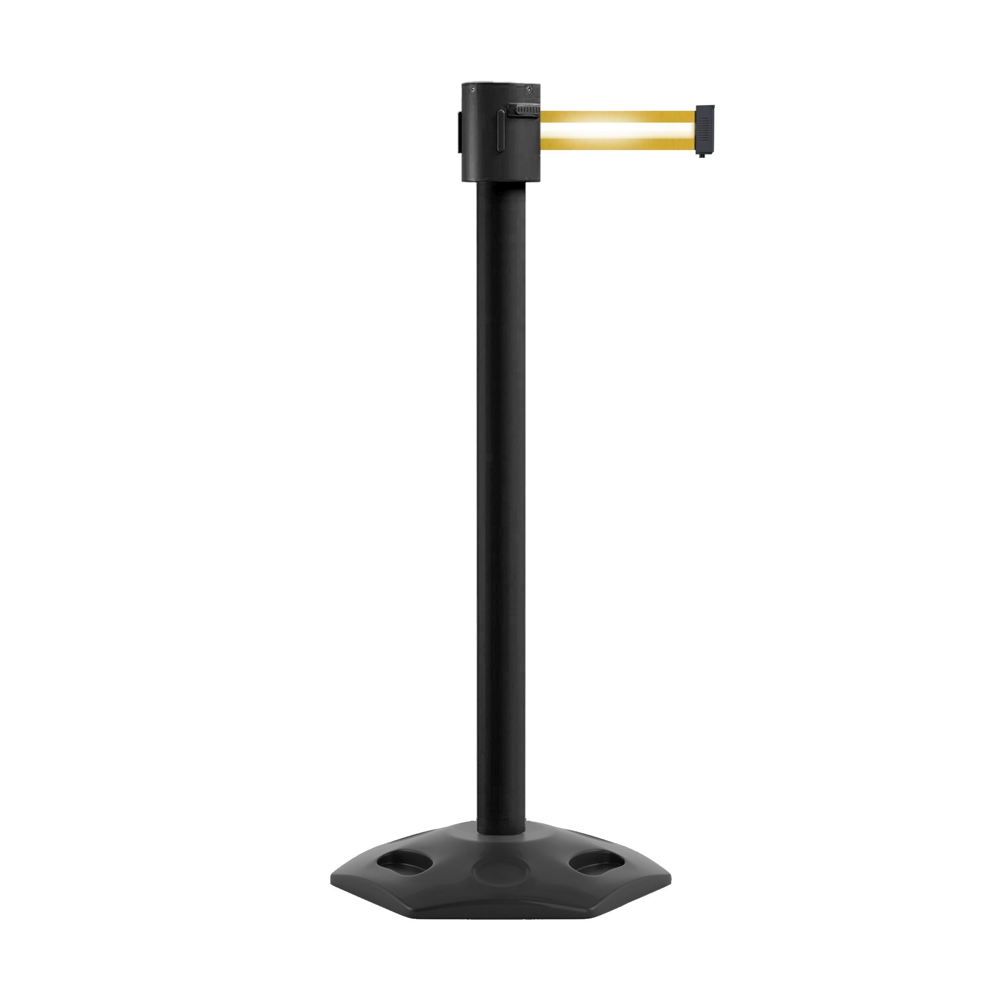 Retractable Belt Barrier Stanchion, Rubber Base, Black Powder Coated Post, 35 ft Belt - Montour Line MSR760 - Crowd Control Warehouse
