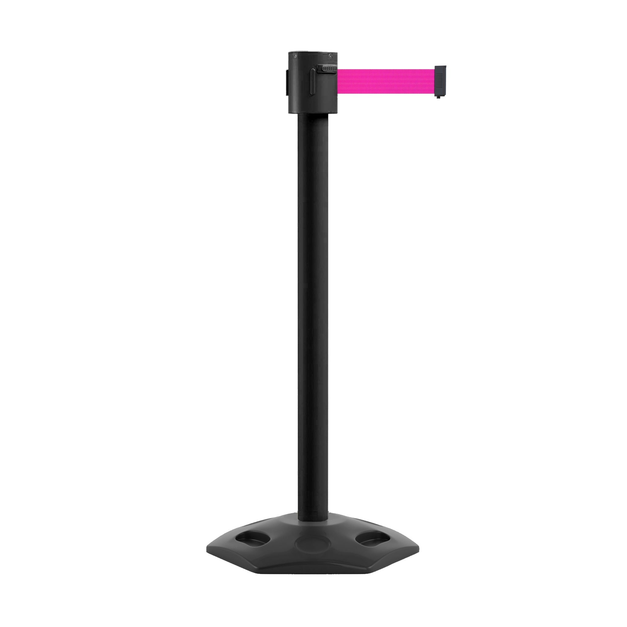 Retractable Belt Barrier Stanchion, Rubber Base, Black Powder Coated Post, 35 ft Belt - Montour Line MSR760 - Crowd Control Warehouse