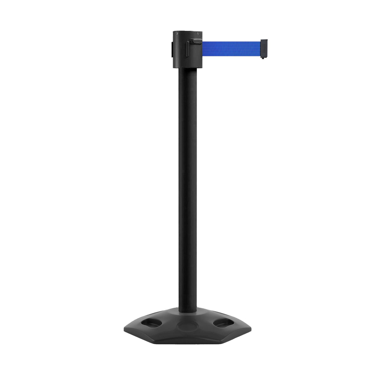 Retractable Belt Barrier Stanchion, Rubber Base, Black Powder Coated Post, 35 ft Belt - Montour Line MSR760 - Crowd Control Warehouse