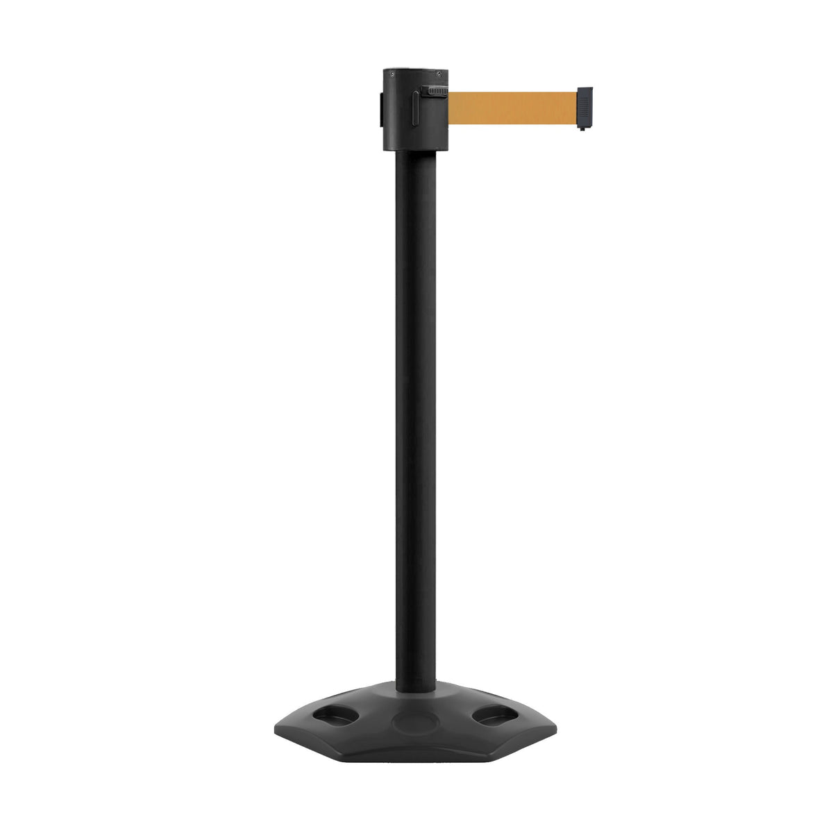 Retractable Belt Barrier Stanchion, Rubber Base, Black Powder Coated Post, 35 ft Belt - Montour Line MSR760 - Crowd Control Warehouse