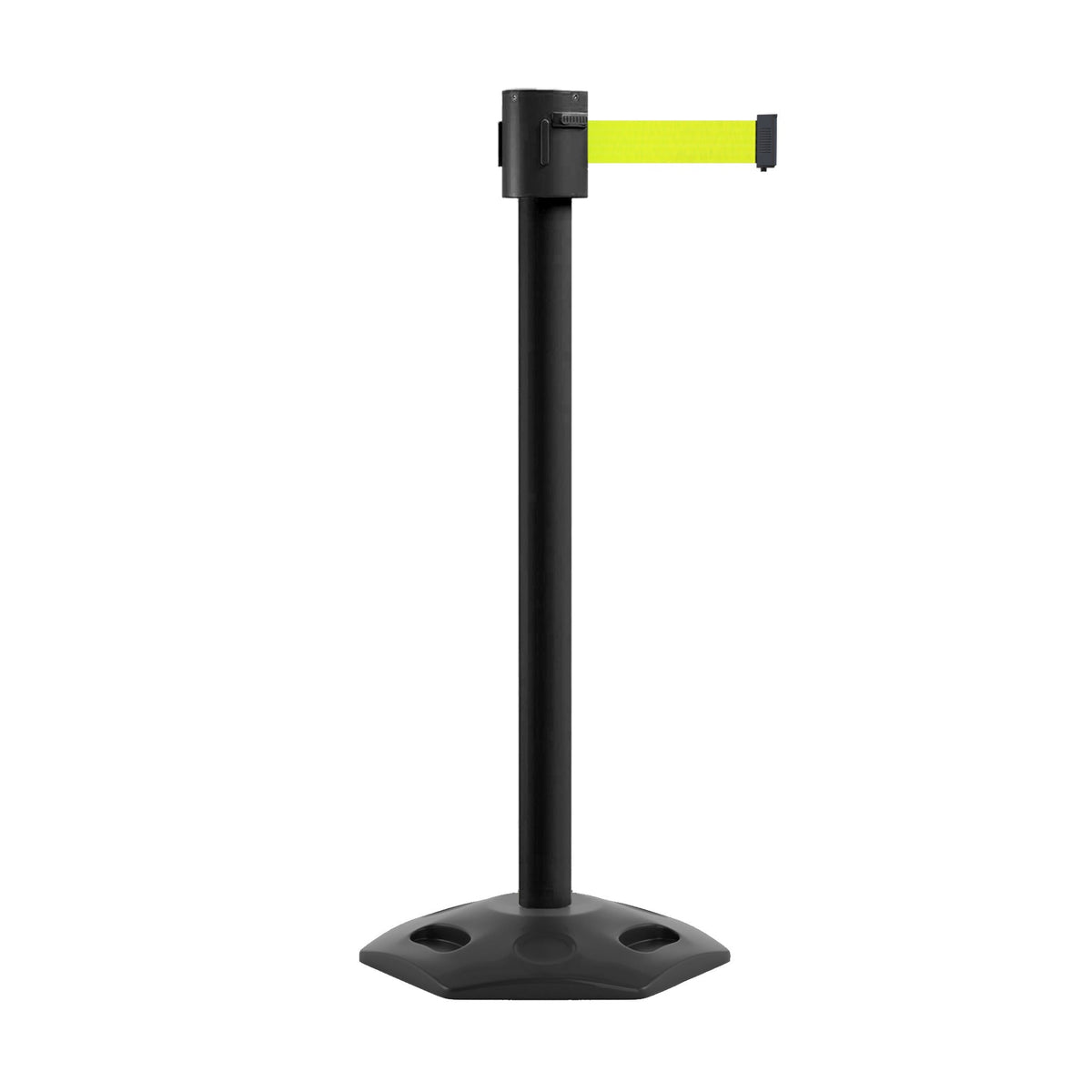 Retractable Belt Barrier Stanchion, Rubber Base, Black Powder Coated Post, 35 ft Belt - Montour Line MSR760 - Crowd Control Warehouse