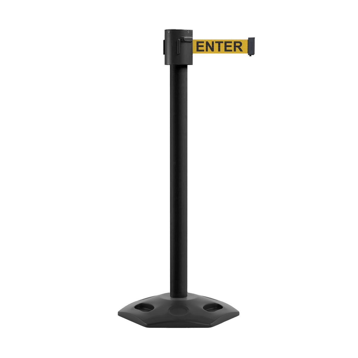 Retractable Belt Barrier Stanchion, Rubber Base, Black Powder Coated Post, 35 ft Belt - Montour Line MSR760 - Crowd Control Warehouse