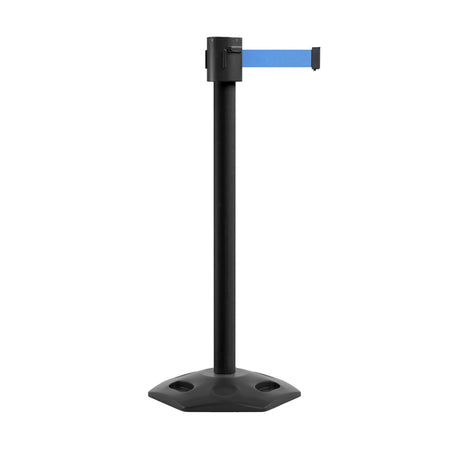 Retractable Belt Barrier Stanchion, Rubber Base, Black Powder Coated Post, 35 ft Belt - Montour Line MSR760 - Crowd Control Warehouse