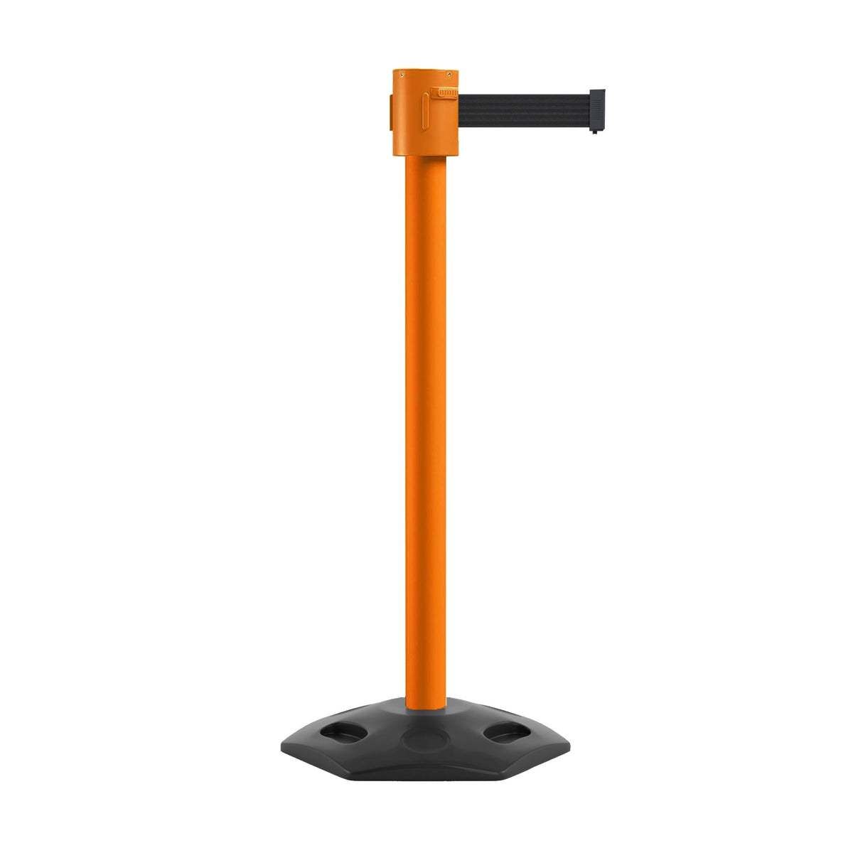 Retractable Belt Barrier Stanchion, Rubber Base, Orange Post, 35 ft Belt - Montour Line MSR760 - Crowd Control Warehouse