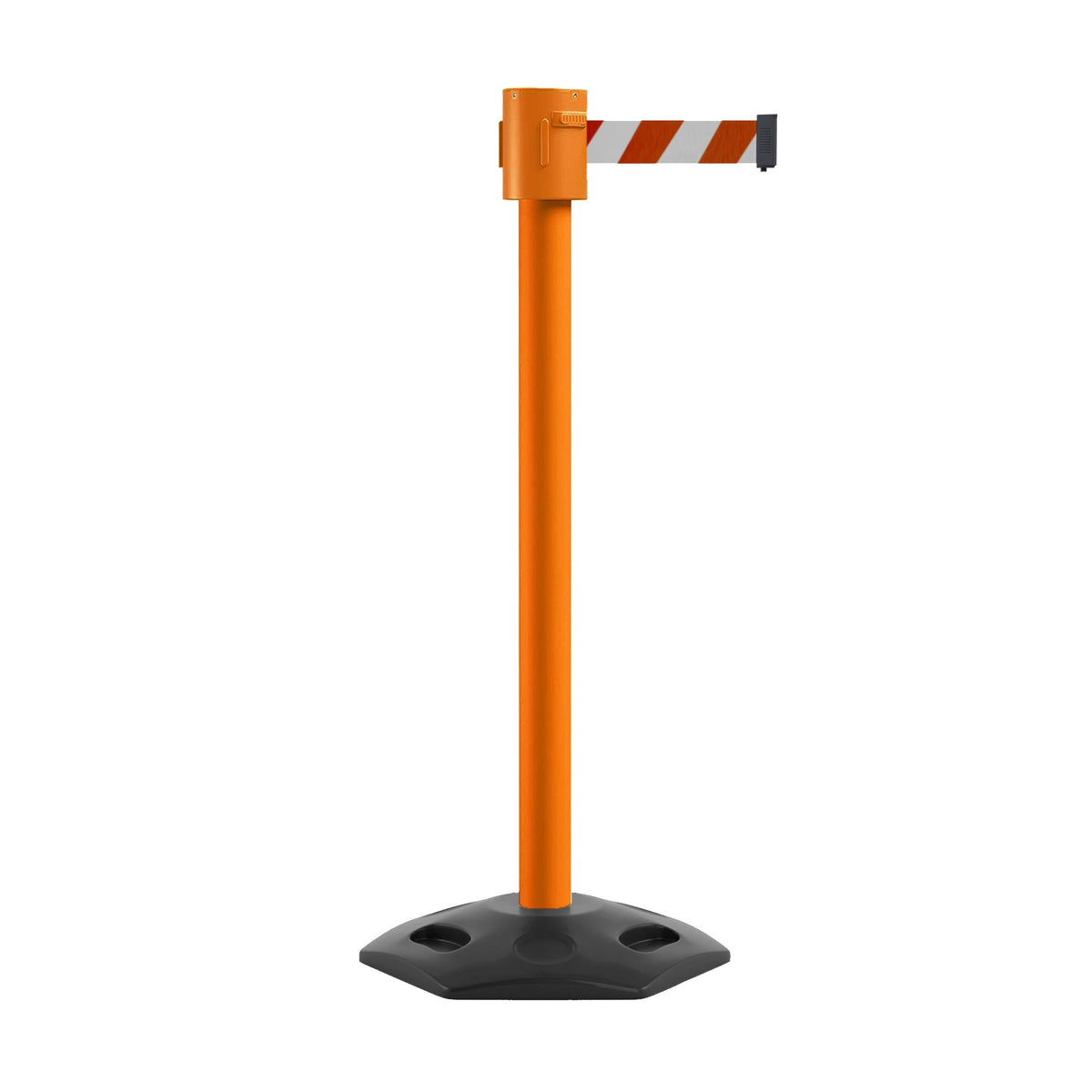 Retractable Belt Barrier Stanchion, Rubber Base, Orange Post, 35 ft Belt - Montour Line MSR760 - Crowd Control Warehouse