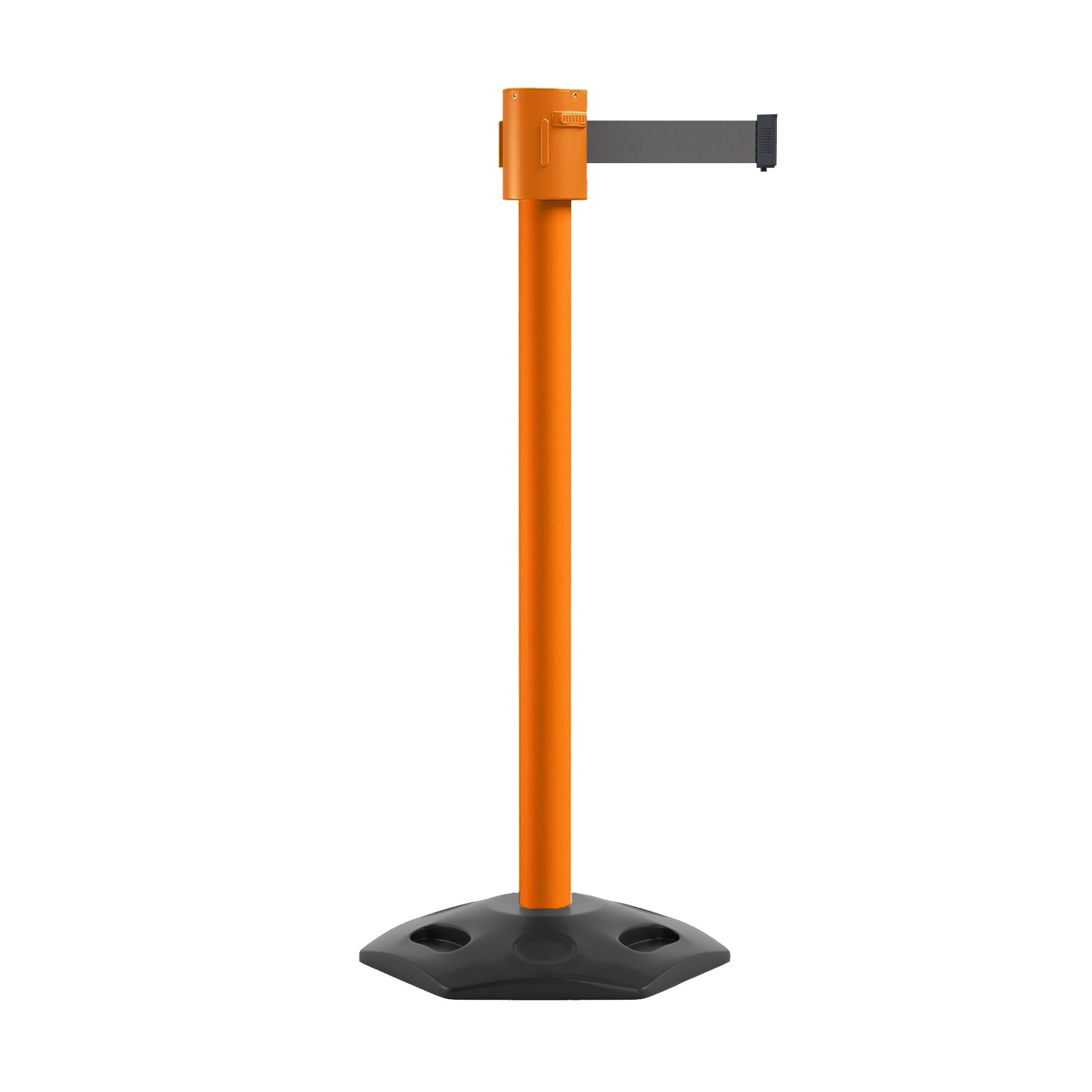 Retractable Belt Barrier Stanchion, Rubber Base, Orange Post, 35 ft Belt - Montour Line MSR760 - Crowd Control Warehouse