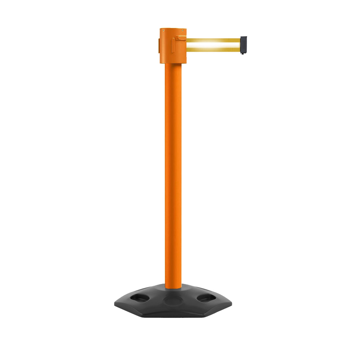 Retractable Belt Barrier Stanchion, Rubber Base, Orange Post, 35 ft Belt - Montour Line MSR760 - Crowd Control Warehouse