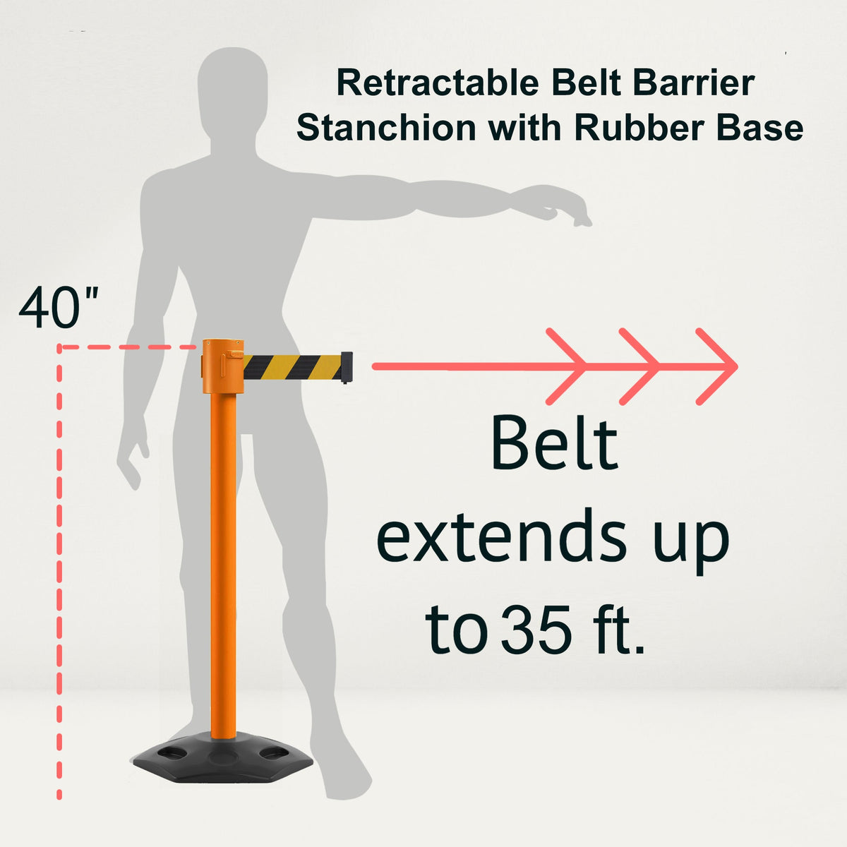 Retractable Belt Barrier Stanchion, Rubber Base, Orange Post, 35 ft Belt - Montour Line MSR760 - Crowd Control Warehouse