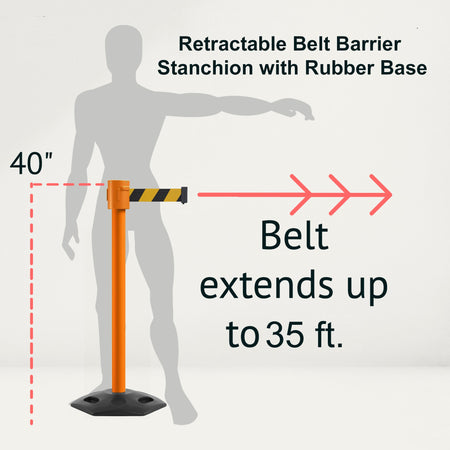 Retractable Belt Barrier Stanchion, Rubber Base, Orange Post, 35 ft Belt - Montour Line MSR760 - Crowd Control Warehouse