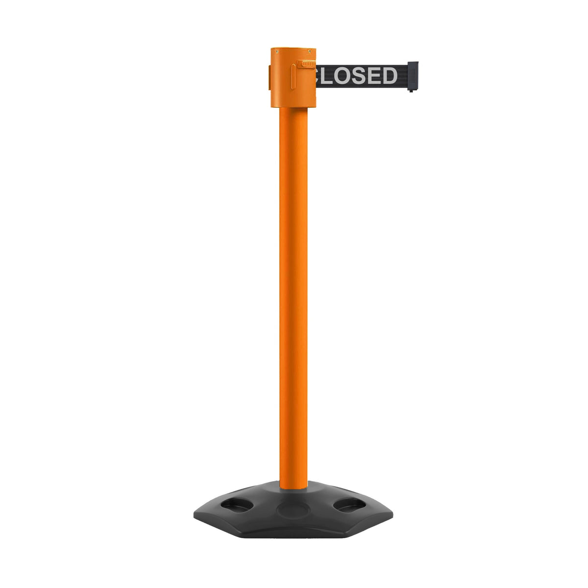 Retractable Belt Barrier Stanchion, Rubber Base, Orange Post, 35 ft Belt - Montour Line MSR760 - Crowd Control Warehouse