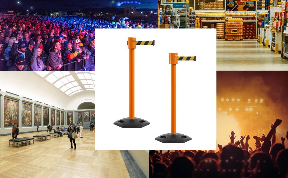 Retractable Belt Barrier Stanchion, Rubber Base, Orange Post, 35 ft Belt - Montour Line MSR760 - Crowd Control Warehouse