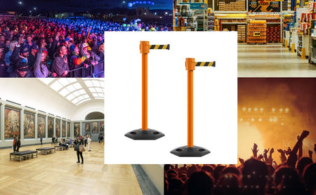 Retractable Belt Barrier Stanchion, Rubber Base, Orange Post, 35 ft Belt - Montour Line MSR760 - Crowd Control Warehouse