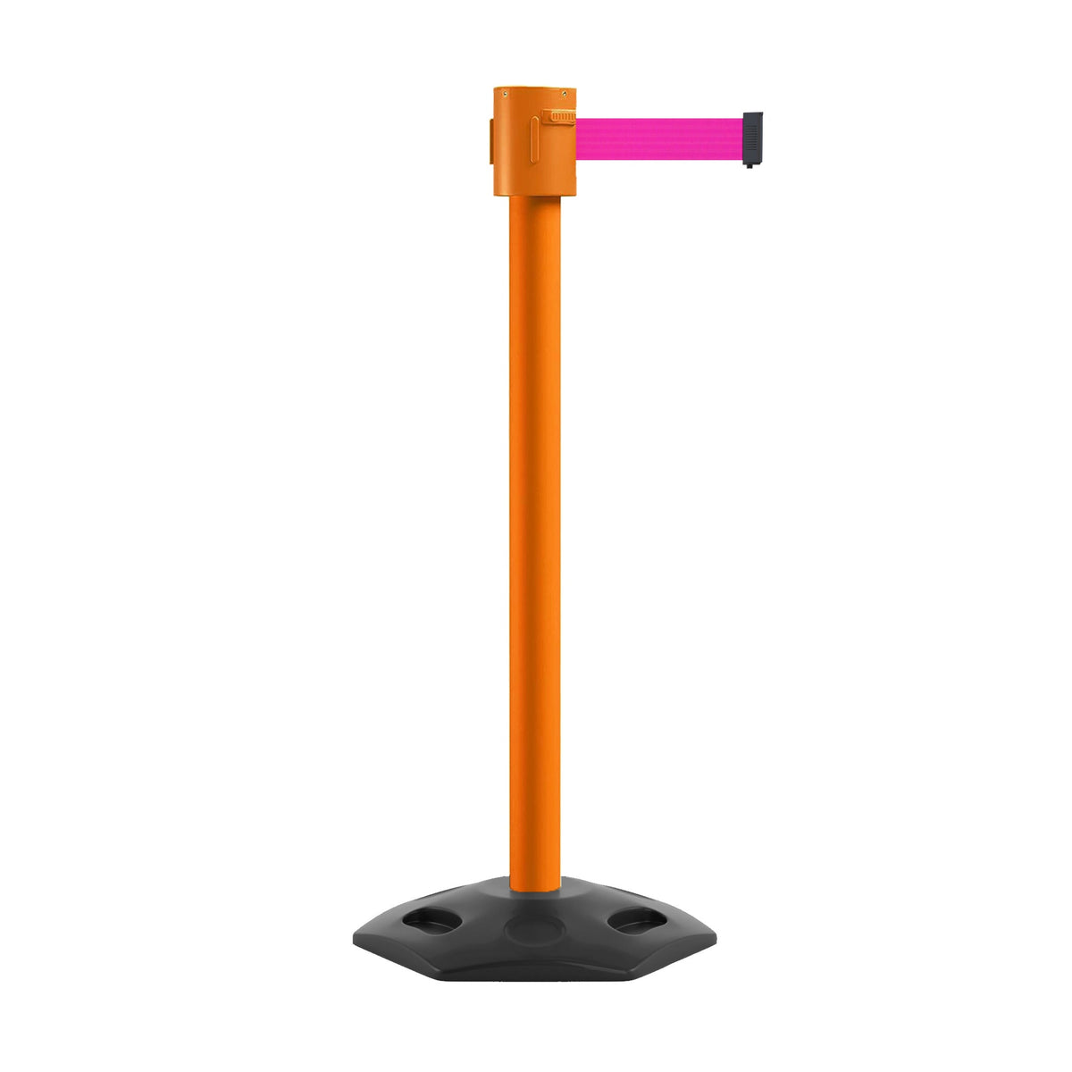 Retractable Belt Barrier Stanchion, Rubber Base, Orange Post, 35 ft Belt - Montour Line MSR760 - Crowd Control Warehouse