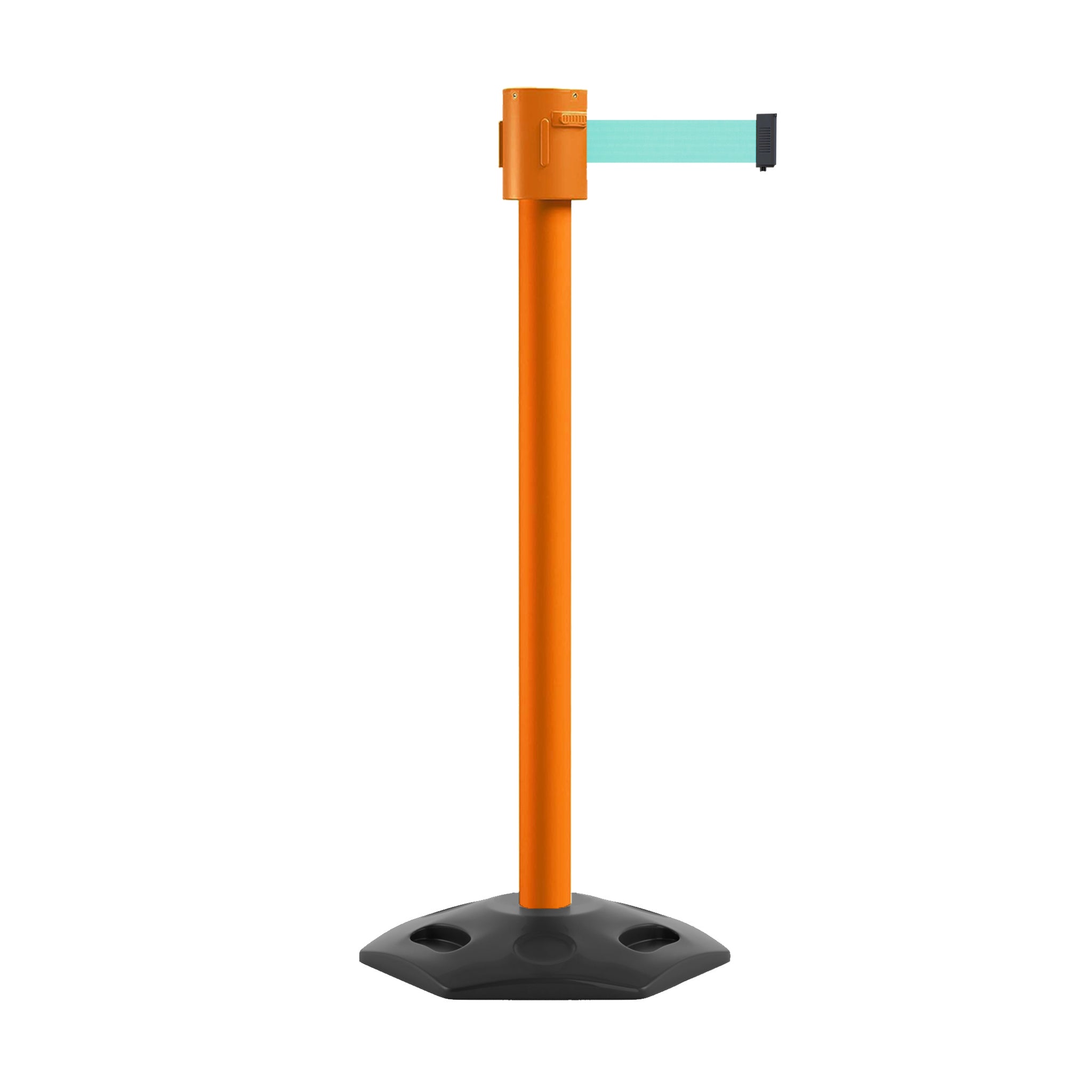 Retractable Belt Barrier Stanchion, Rubber Base, Orange Post, 35 ft Belt - Montour Line MSR760 - Crowd Control Warehouse