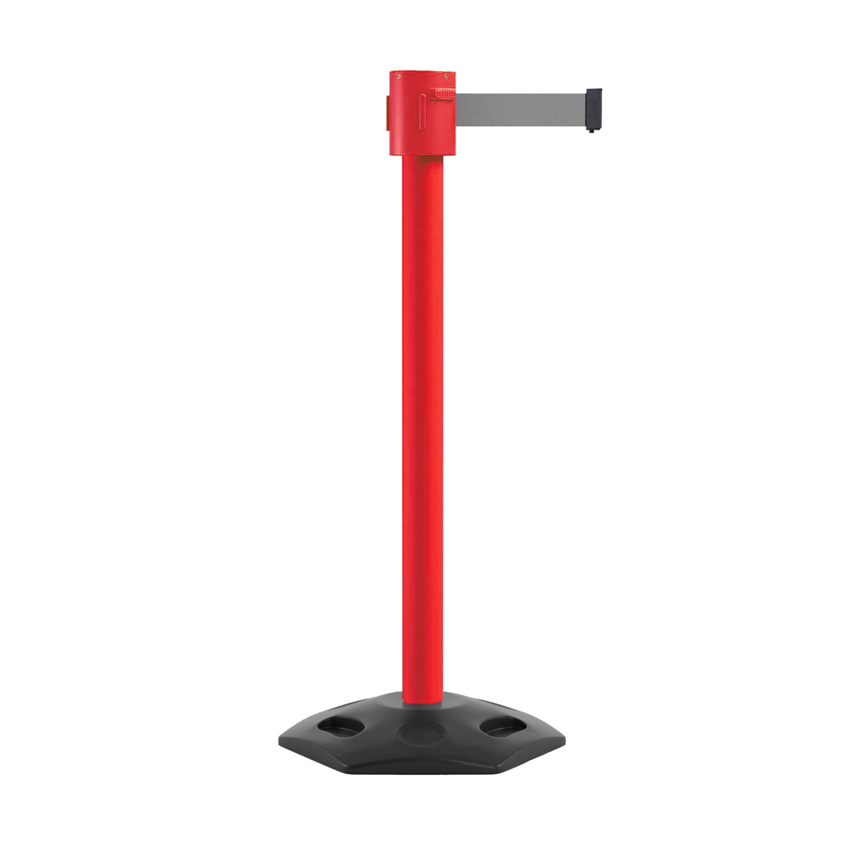 Retractable Belt Barrier Stanchion, Rubber Base, Red Post, 35 ft Belt - Montour Line MSR760 - Crowd Control Warehouse