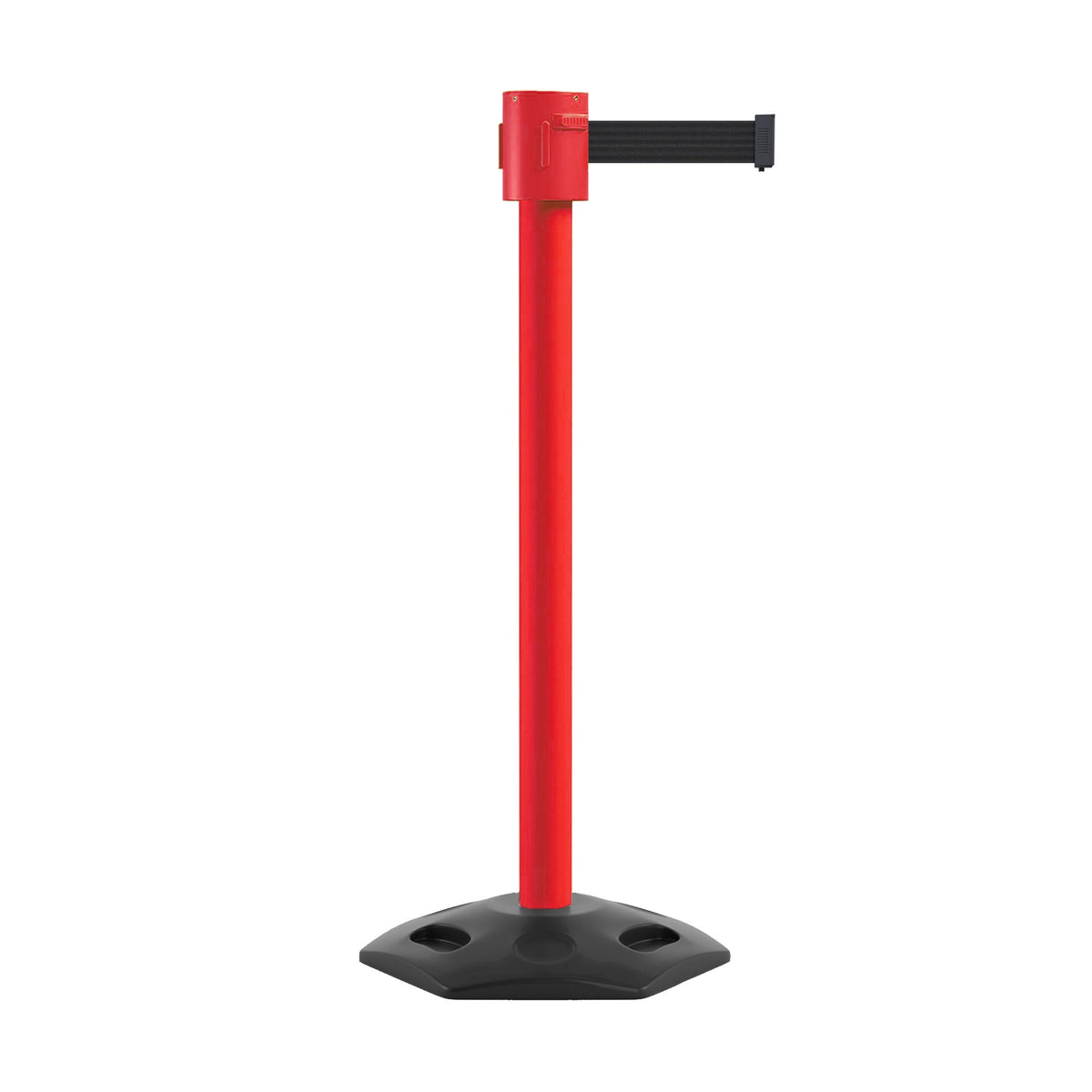 Retractable Belt Barrier Stanchion, Rubber Base, Red Post, 35 ft Belt - Montour Line MSR760 - Crowd Control Warehouse