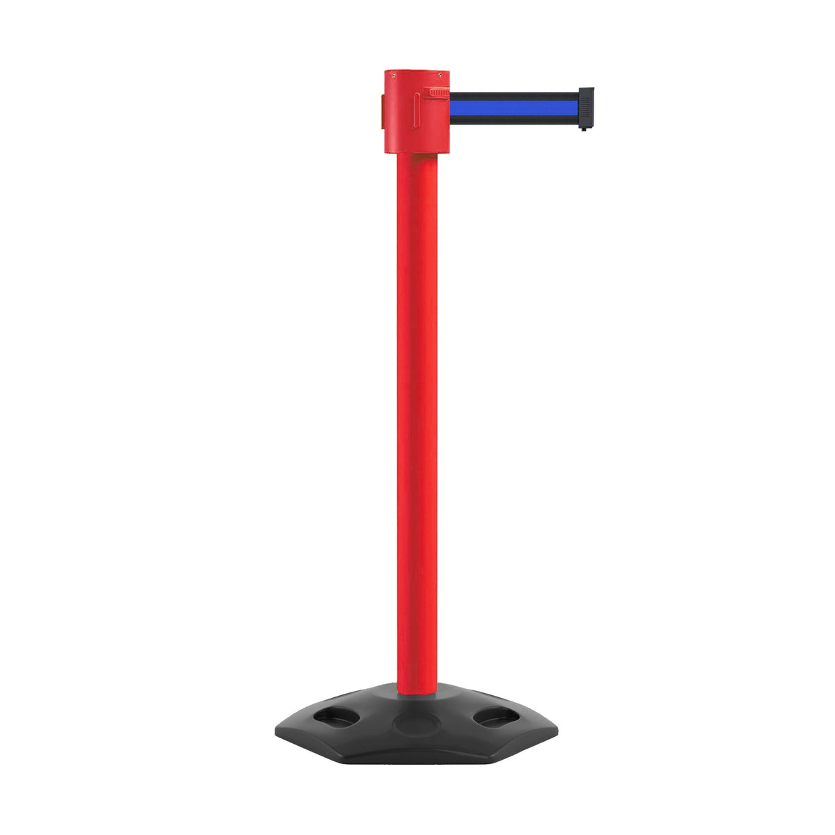 Retractable Belt Barrier Stanchion, Rubber Base, Red Post, 35 ft Belt - Montour Line MSR760 - Crowd Control Warehouse