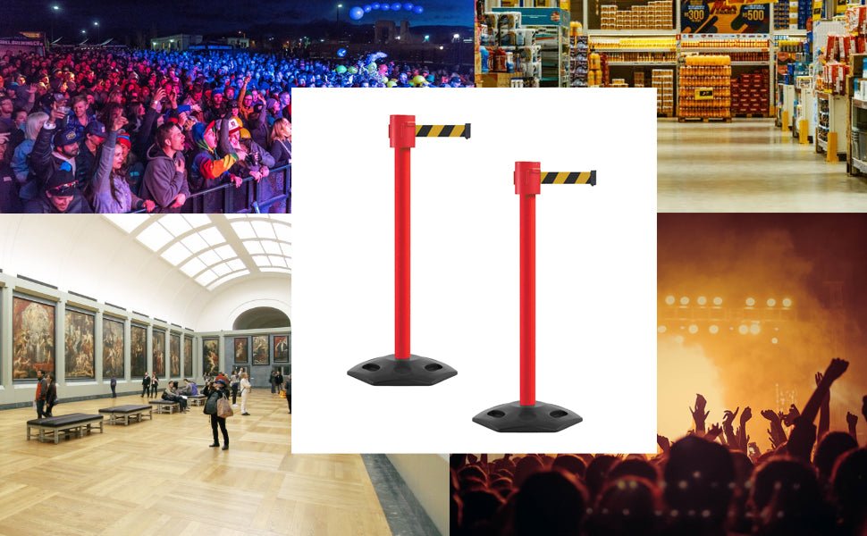 Retractable Belt Barrier Stanchion, Rubber Base, Red Post, 35 ft Belt - Montour Line MSR760 - Crowd Control Warehouse