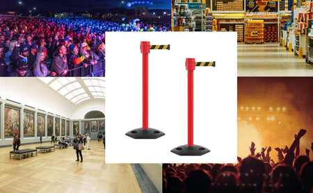 Retractable Belt Barrier Stanchion, Rubber Base, Red Post, 35 ft Belt - Montour Line MSR760 - Crowd Control Warehouse