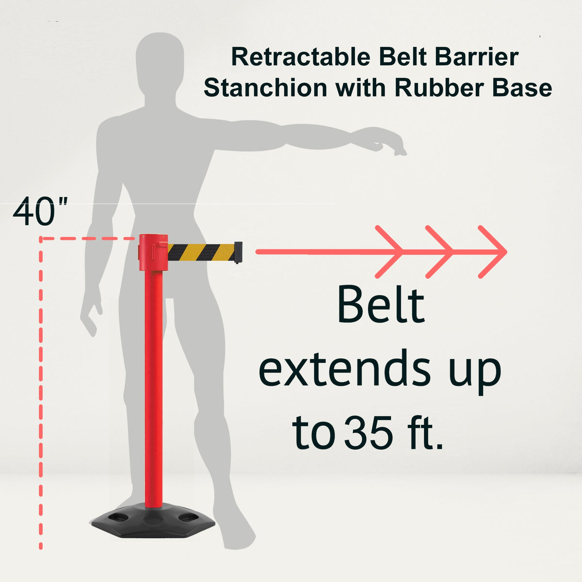 Retractable Belt Barrier Stanchion, Rubber Base, Red Post, 35 ft Belt - Montour Line MSR760 - Crowd Control Warehouse