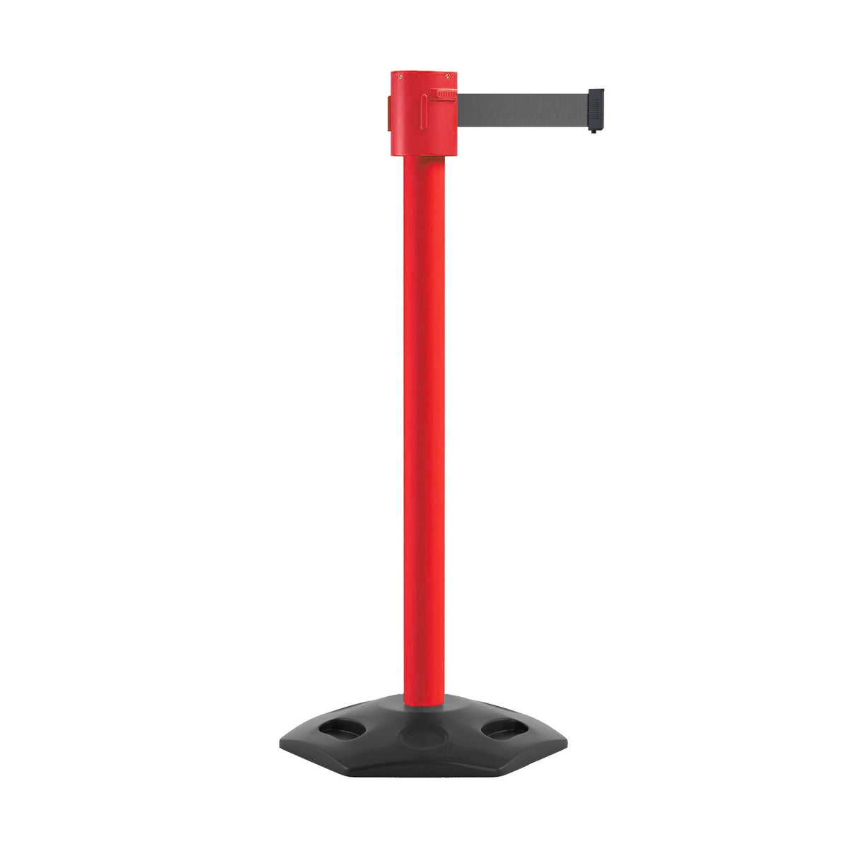 Retractable Belt Barrier Stanchion, Rubber Base, Red Post, 35 ft Belt - Montour Line MSR760 - Crowd Control Warehouse