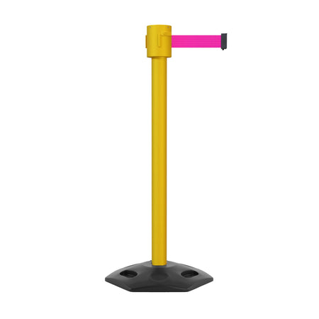 Retractable Belt Barrier Stanchion, Rubber Base, Yellow Post, 35 ft Belt - Montour Line MSR760 - Crowd Control Warehouse