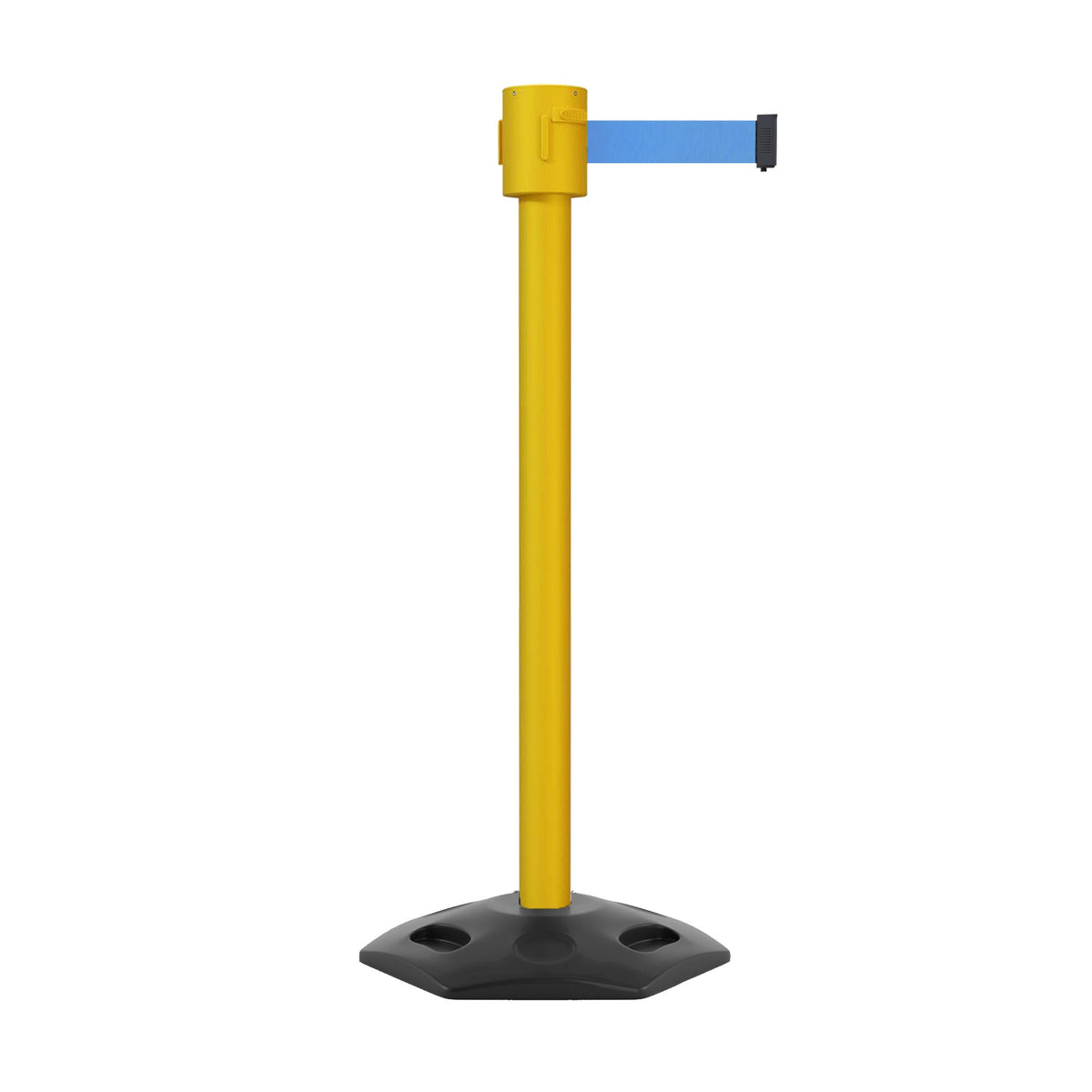 Retractable Belt Barrier Stanchion, Rubber Base, Yellow Post, 35 ft Belt - Montour Line MSR760 - Crowd Control Warehouse