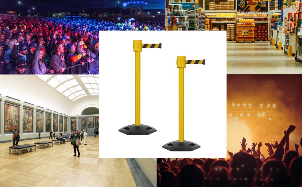 Retractable Belt Barrier Stanchion, Rubber Base, Yellow Post, 35 ft Belt - Montour Line MSR760 - Crowd Control Warehouse