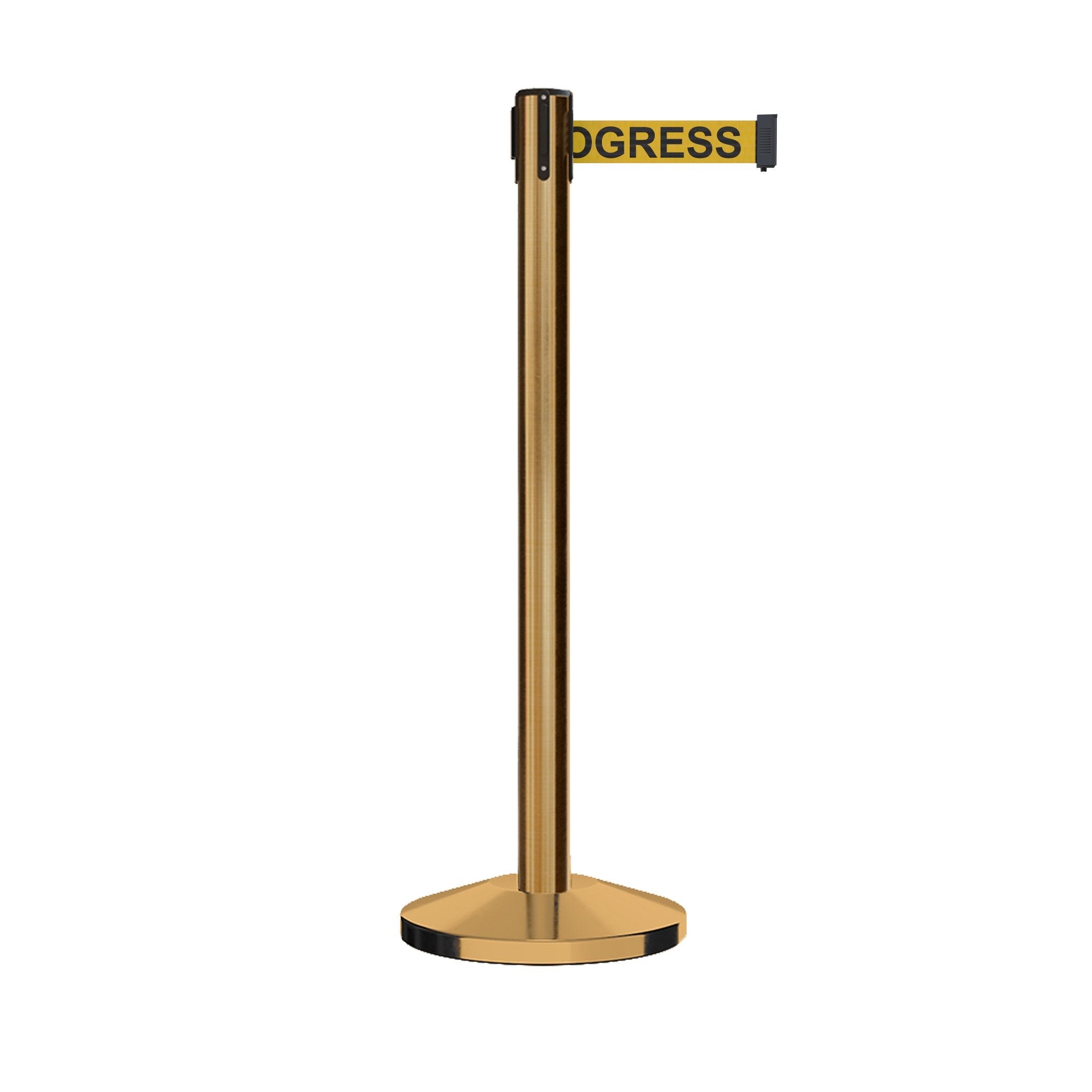 Retractable Belt Barrier Stanchion, Satin Brass Post, 12 Ft. Belt - CCW Series RBB - 100 - Crowd Control Warehouse