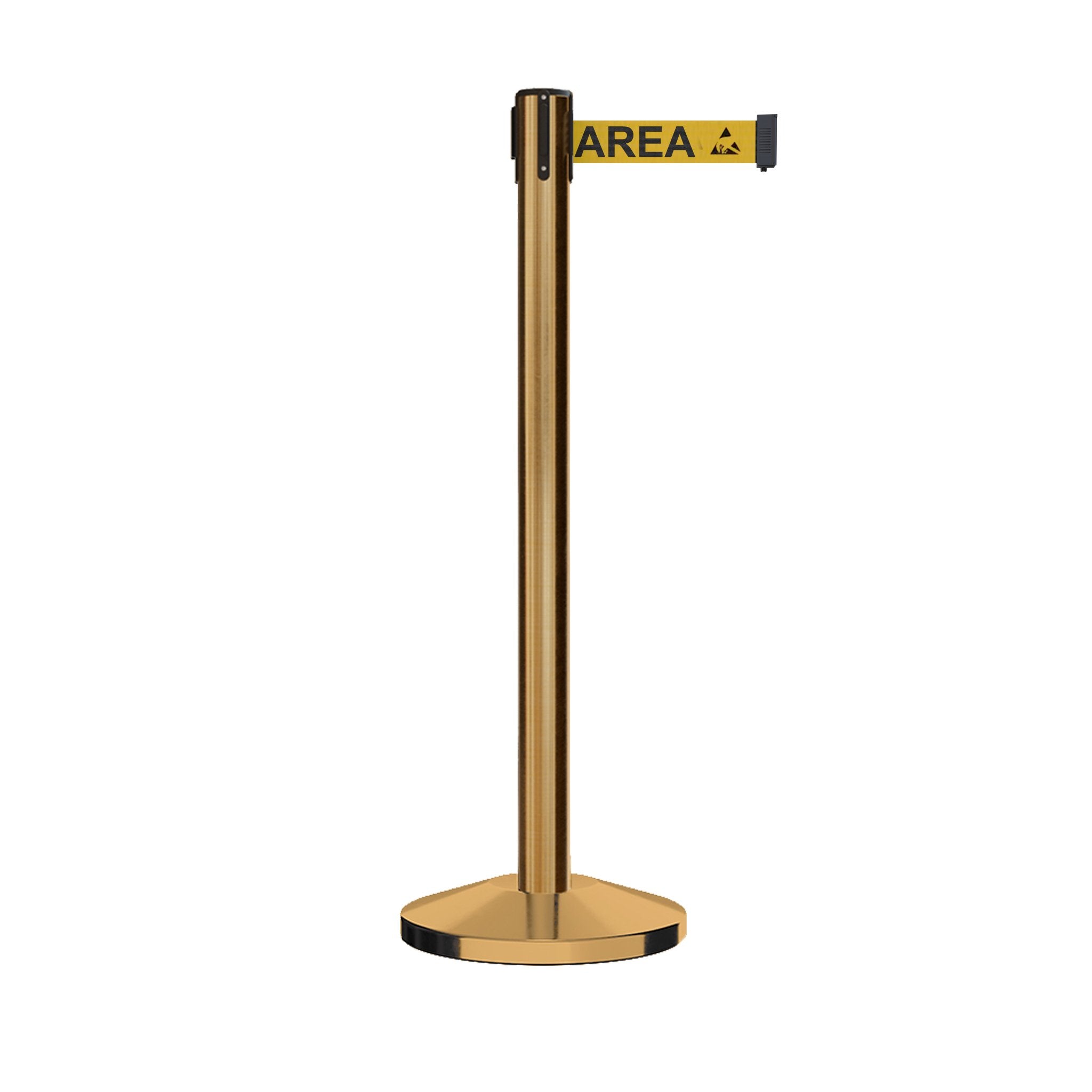Retractable Belt Barrier Stanchion, Satin Brass Post, 12 Ft. Belt - CCW Series RBB - 100 - Crowd Control Warehouse