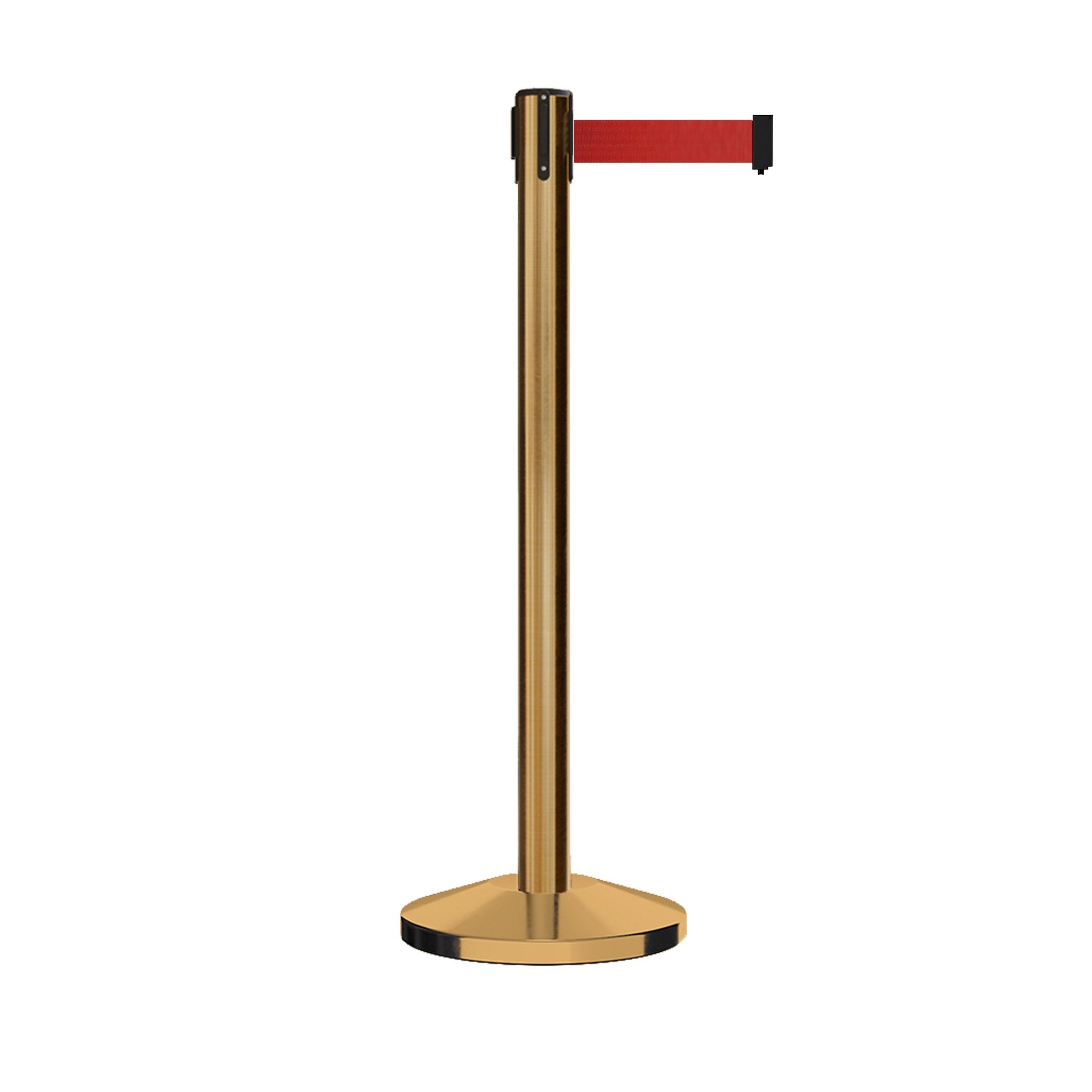 Retractable Belt Barrier Stanchion, Satin Brass Post, 12 Ft. Belt - CCW Series RBB - 100 - Crowd Control Warehouse