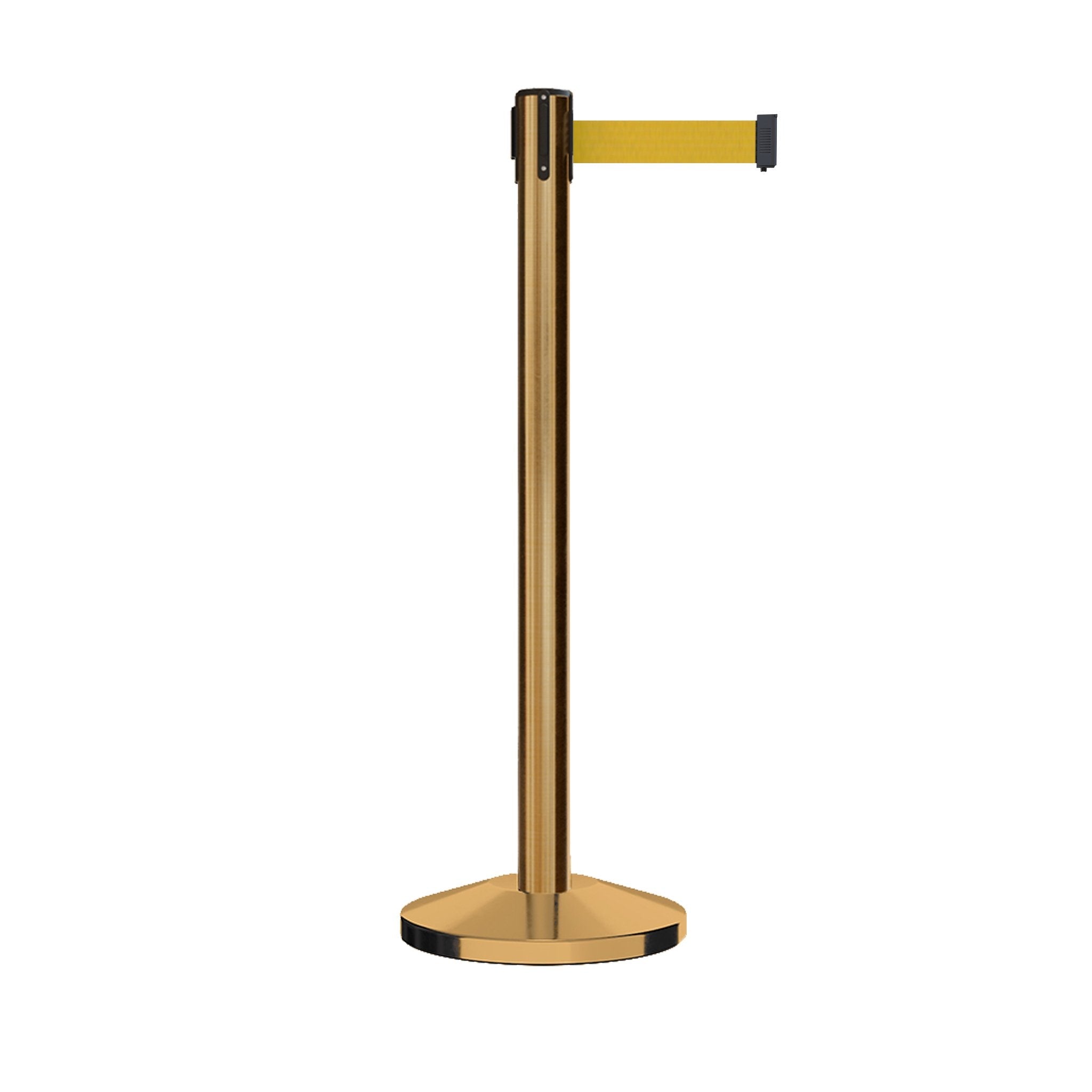 Retractable Belt Barrier Stanchion, Satin Brass Post, 12 Ft. Belt - CCW Series RBB - 100 - Crowd Control Warehouse