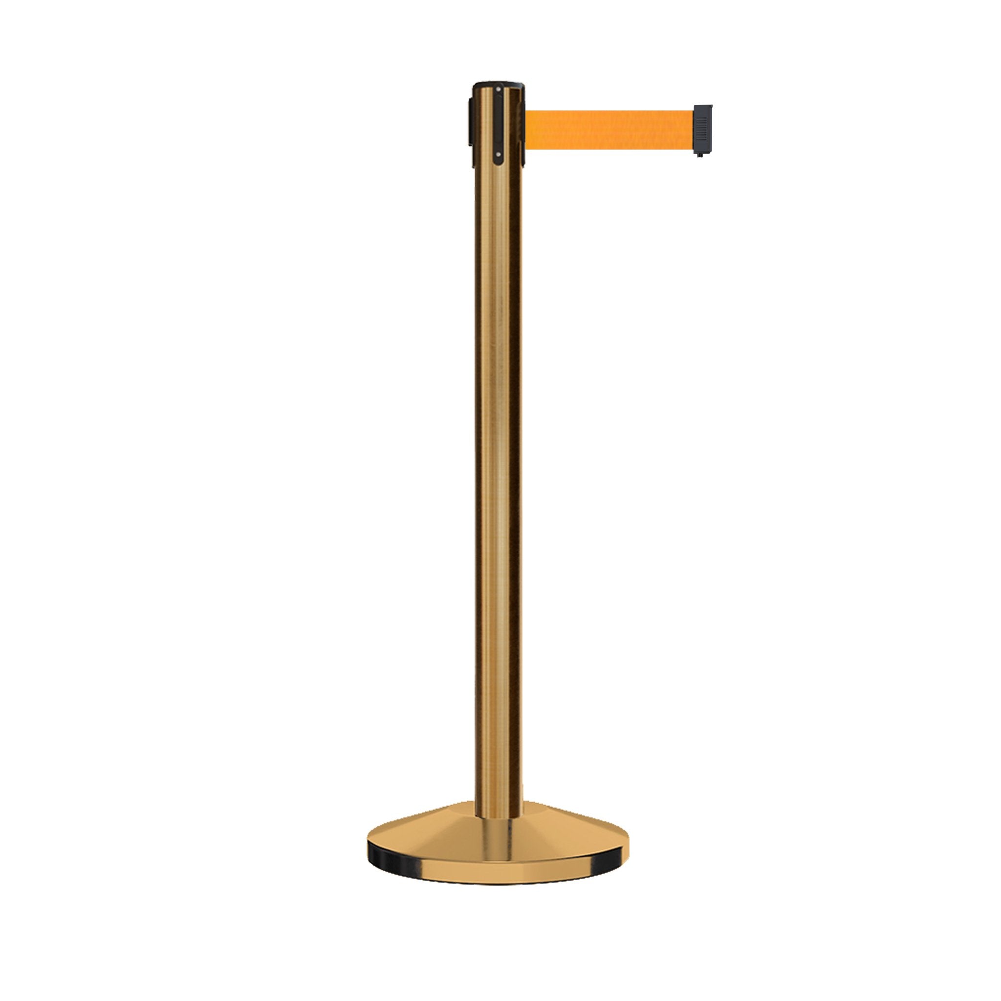 Retractable Belt Barrier Stanchion, Satin Brass Post, 12 Ft. Belt - CCW Series RBB - 100 - Crowd Control Warehouse