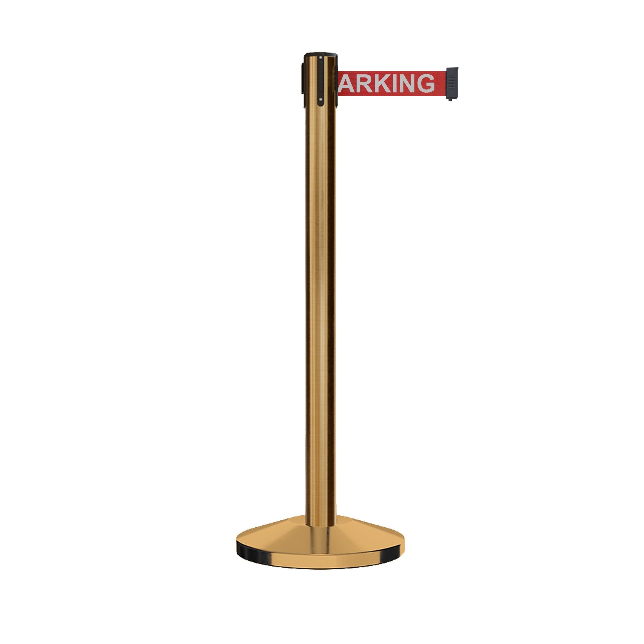 Retractable Belt Barrier Stanchion, Satin Brass Post, 12 Ft. Belt - CCW Series RBB - 100 - Crowd Control Warehouse