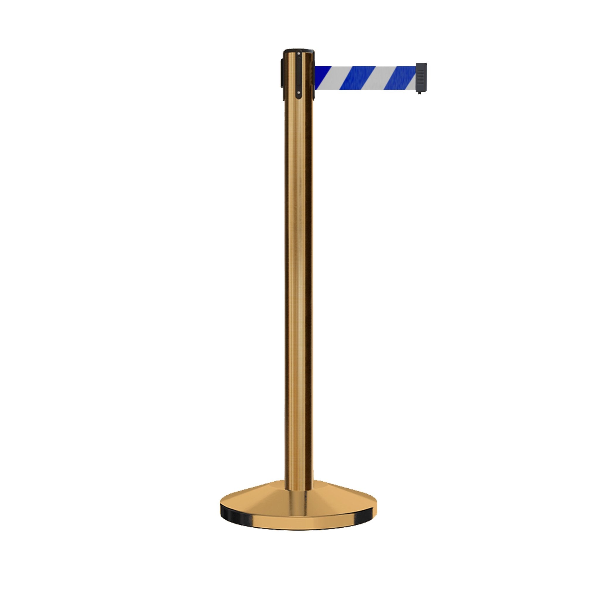 Retractable Belt Barrier Stanchion, Satin Brass Post, 12 Ft. Belt - CCW Series RBB - 100 - Crowd Control Warehouse