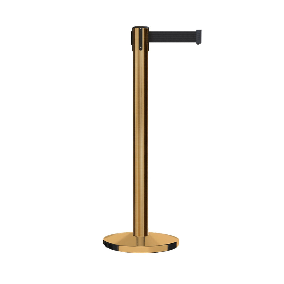 Retractable Belt Barrier Stanchion, Satin Brass Post and Heavy Duty Cast Iron Base, 14 ft Belt – Montour Line MI650 - Crowd Control Warehouse